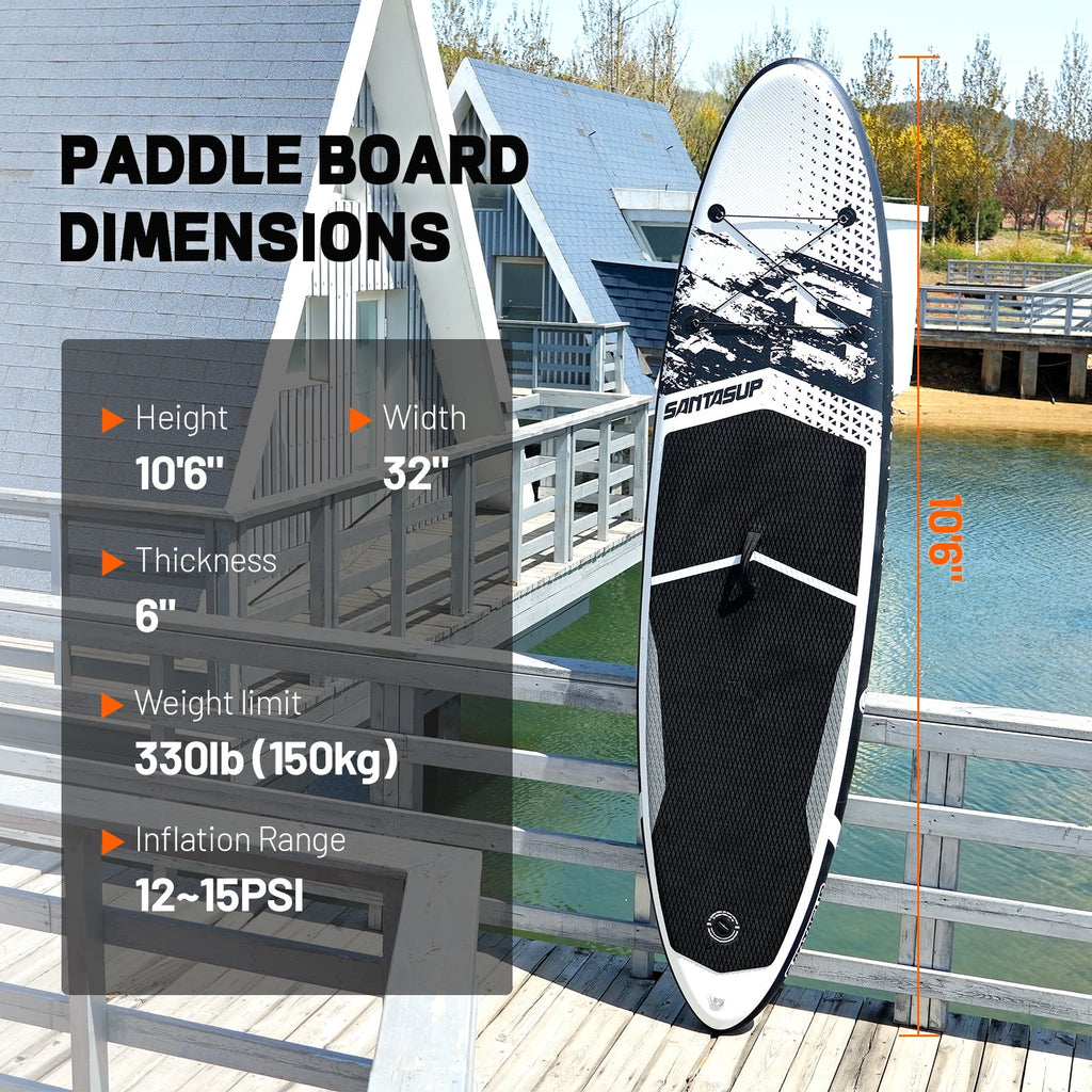 Santasup Inflatable Paddle Board, 10'6 Black Stand Up SUP Boards for Adults & Youths of All Skill Levels, Wide & Non-Slip Deck Design Blow Up Paddleboards with Premium Accessories & Waterproof Bag