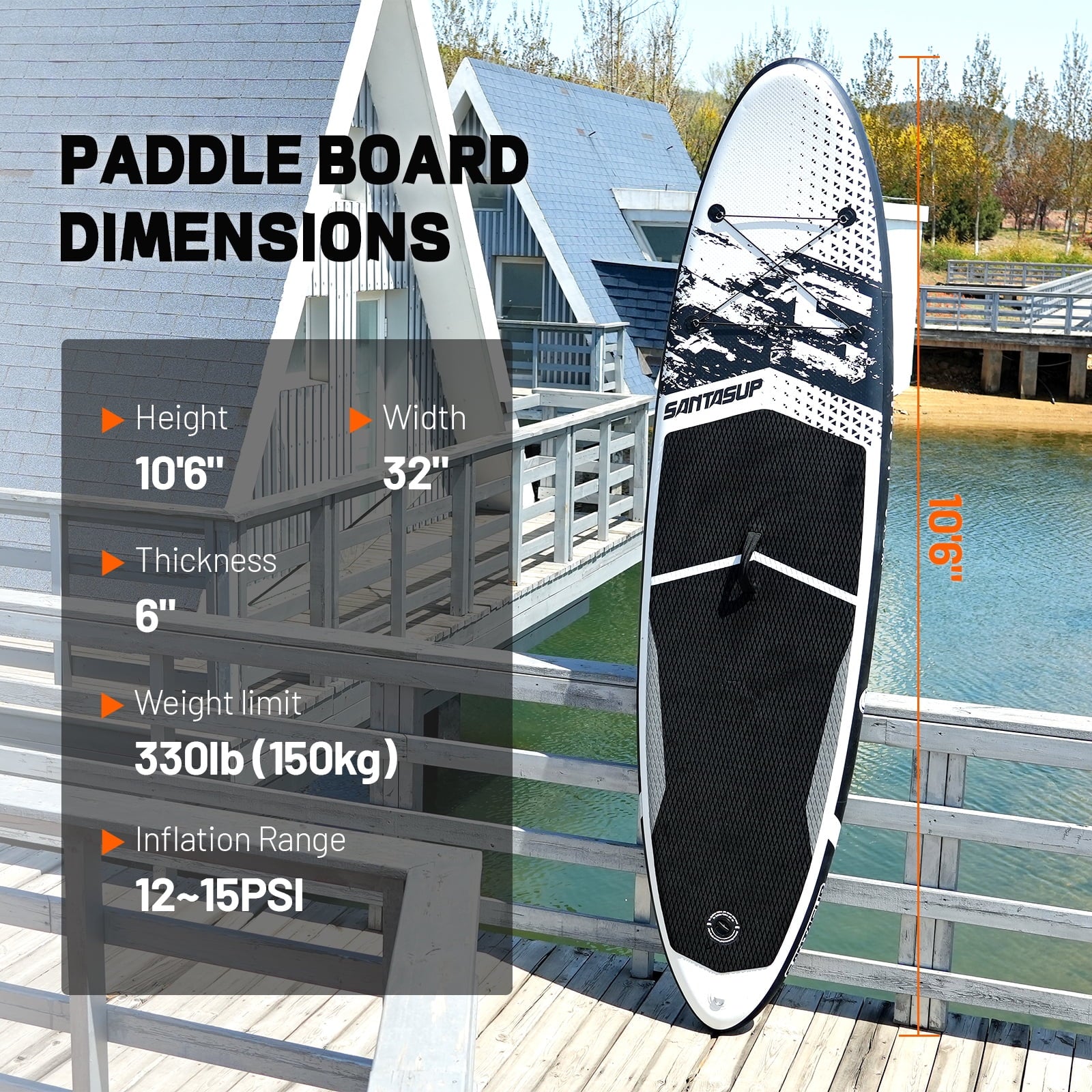 Santasup Inflatable Paddle Board, 10'6 Black Stand Up SUP Boards for Adults & Youths of All Skill Levels, Wide & Non-Slip Deck Design Blow Up Paddleboards with Premium Accessories & Waterproof Bag