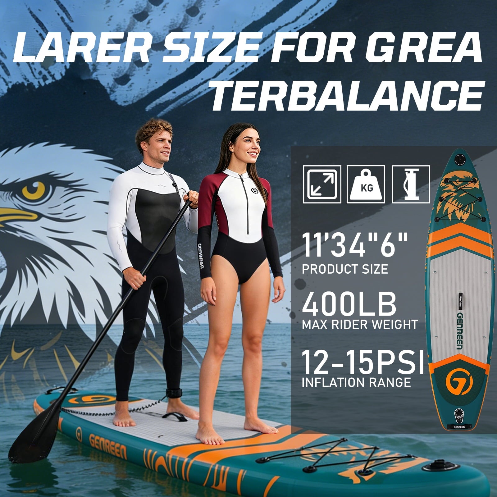 Genreen 11ft Inflatable Stand up Paddle Board (SUP), All-Around Fishing Paddle Board Full Kit for Youth & Adults