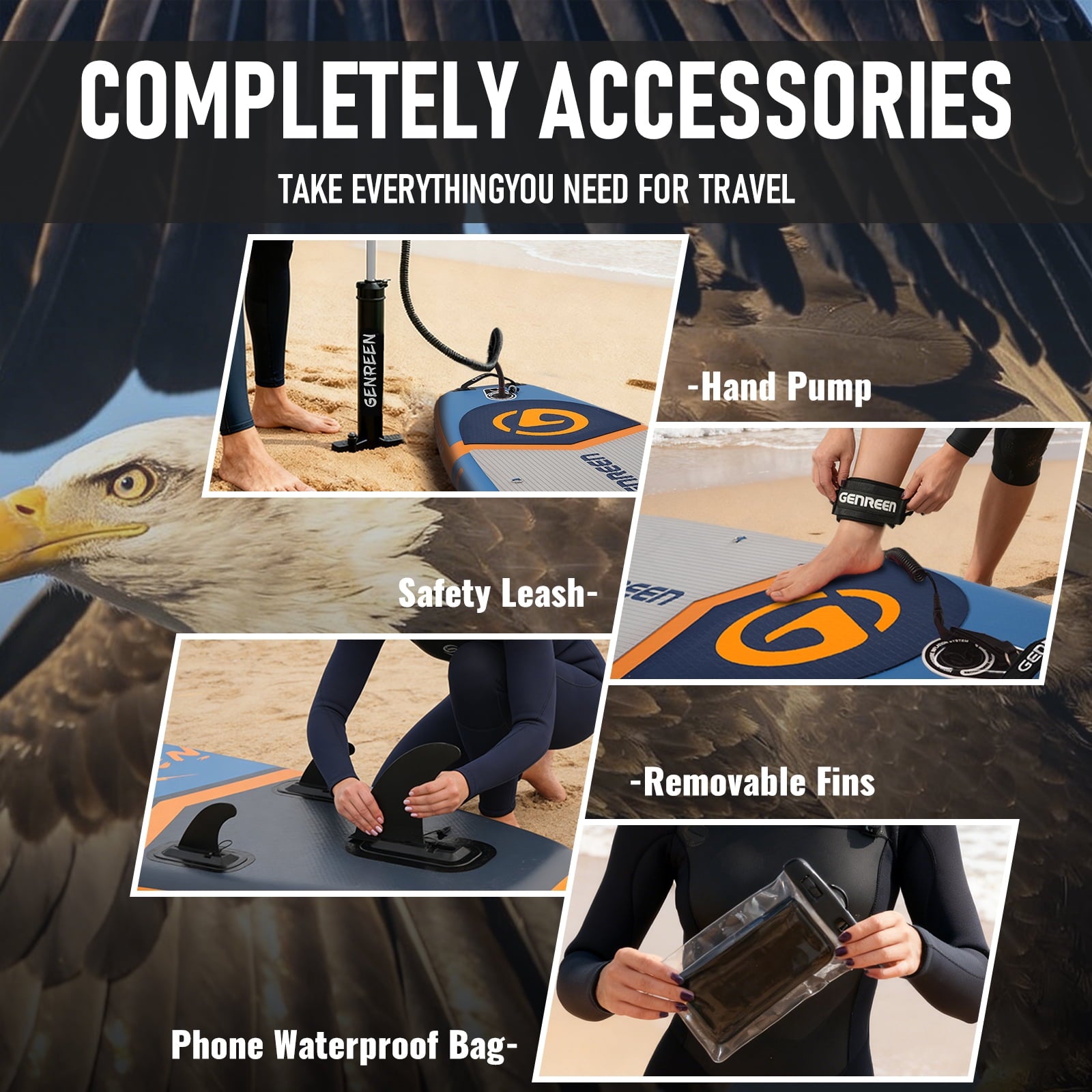 Genreen 11ft Inflatable Stand up Paddle Board (SUP), All-Around Fishing Paddle Board Full Kit for Youth & Adults