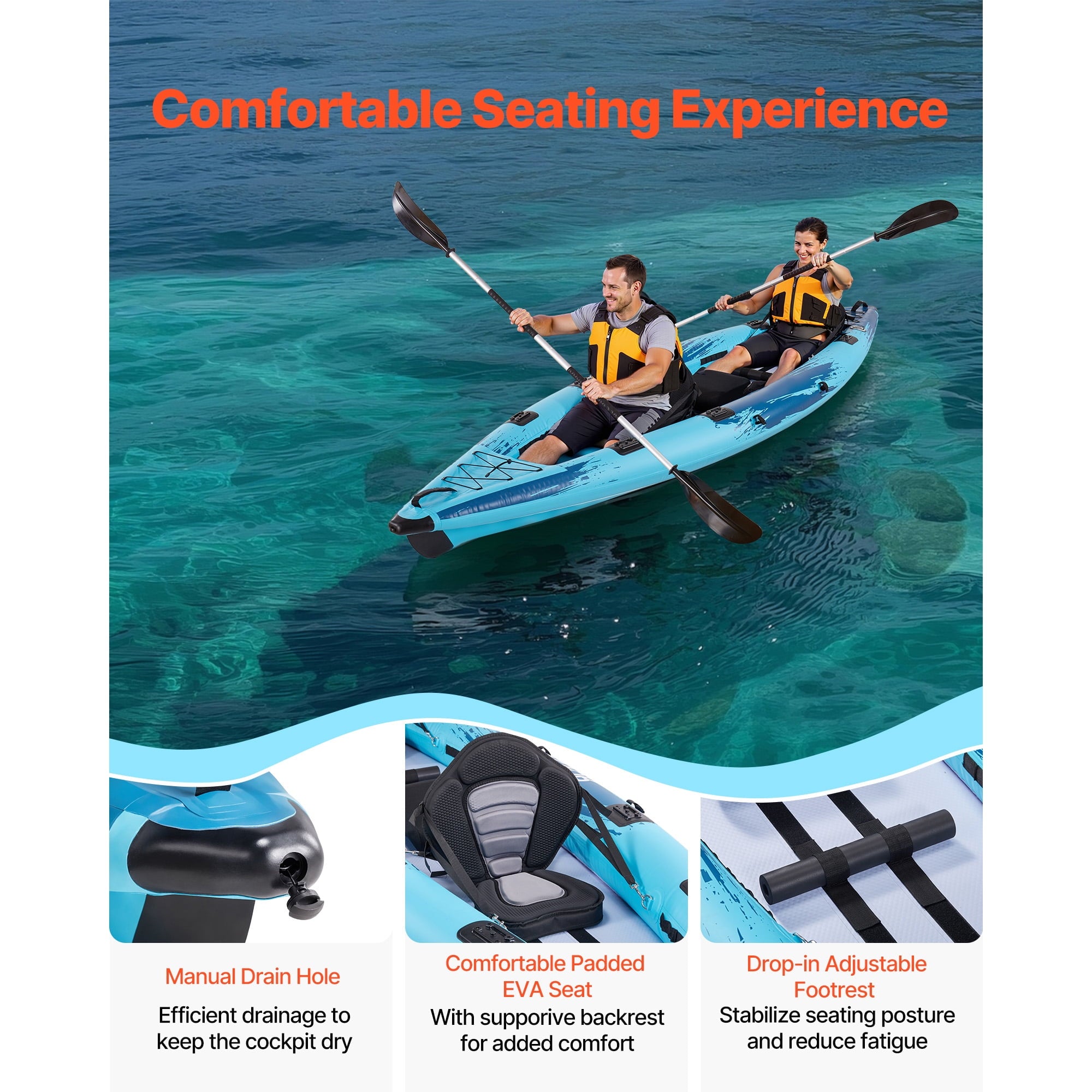 KFFKFF 2-Person Inflatable Kayak, 700LBS Capacity, Durable & Leak-Resistant Design with Padded Seats, PVC Drop-Stitch Floor, Dual Paddles, Hand Pump, and Carry Bag for Fishing and Camping