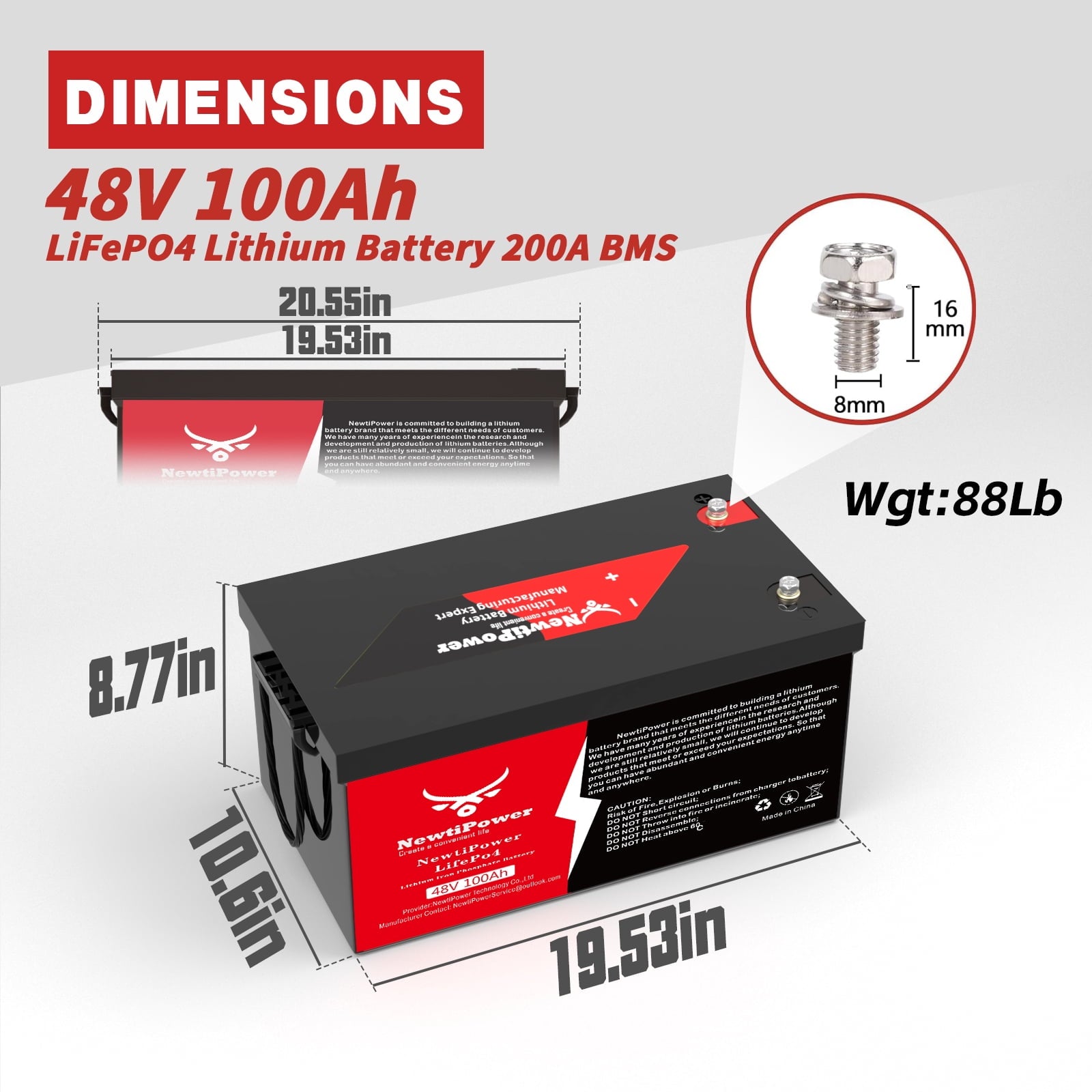 NewtiPower  36V 135Ah LiFepo4 Lithium Battery with 200A BMS&APP,  Top Post for Golf Cart