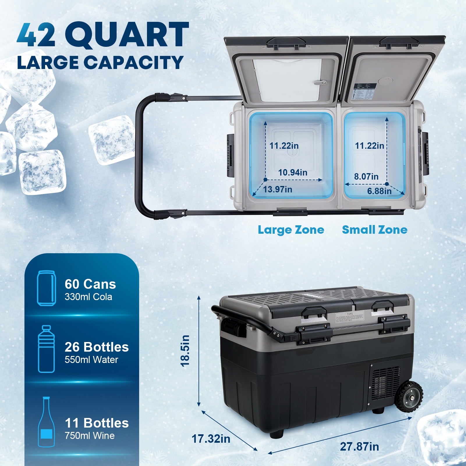 Kohree 53QT (50L) Portable Car Refrigerator Freezer 12V/24V DC Dual Zone Electric Cooler -7°F-50°F with Wheels & Handle for RV, Truck, Boat, Camping, Outdoor