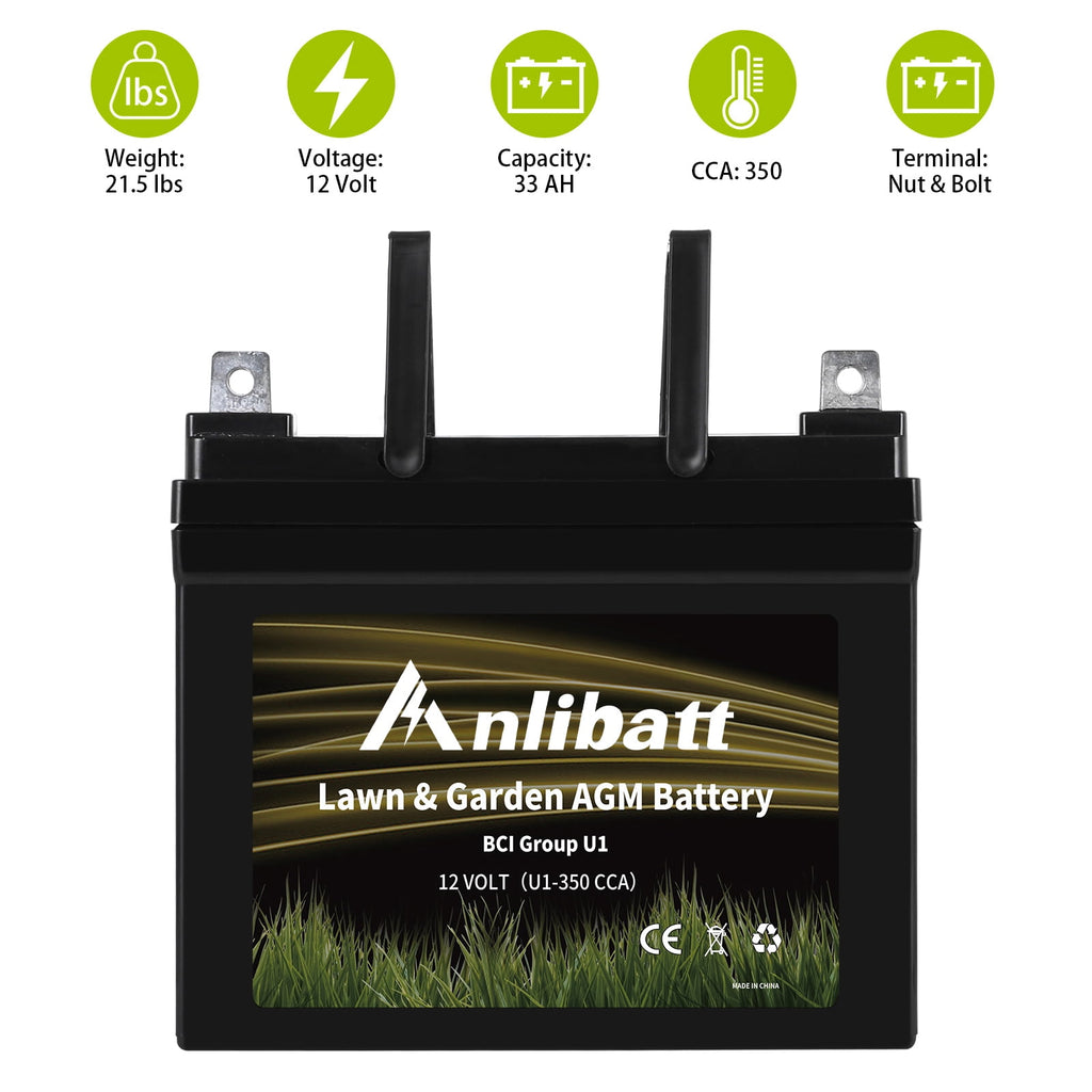 Anlibatt Lawn and Garden AGM Battery, Group Size U1 12 Volt, 350 CCA 33 Amp, Top Post for Lawn Mower/Tractor