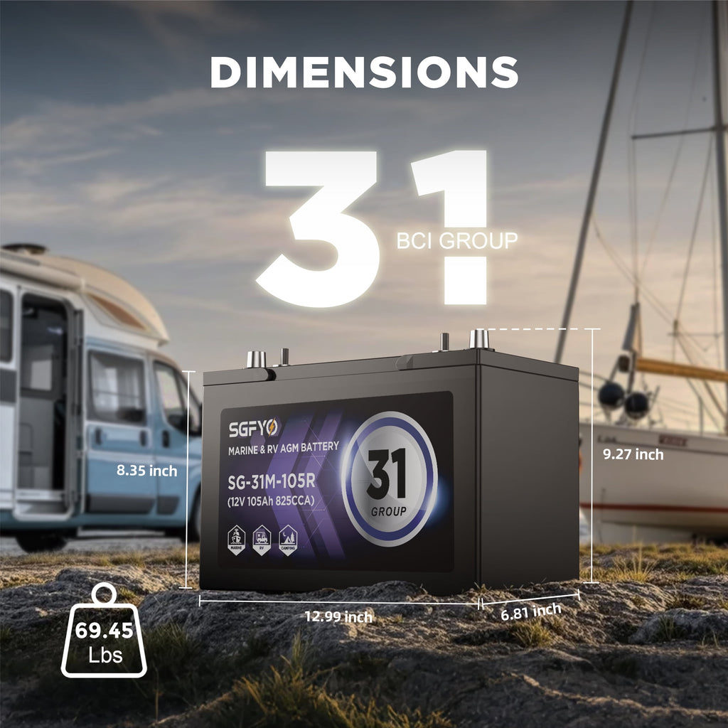 SGFYO Group Size 31M Dual Purpose Marine Battery,12V 105Ah 825CCA 200RC AGM Starter and Deep Cycle RV & Boat Batteries