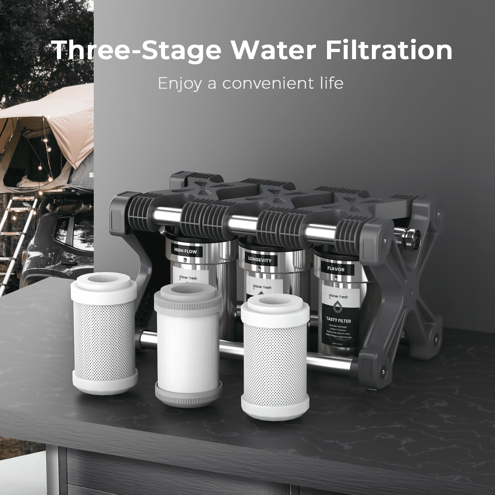 GLACIER FRESH RV Water Filtration System with 0.2 micron Water Filter, 3-Stage Premium Filtration, Compact 5 inch Filter, for RVs, Campers and Boats