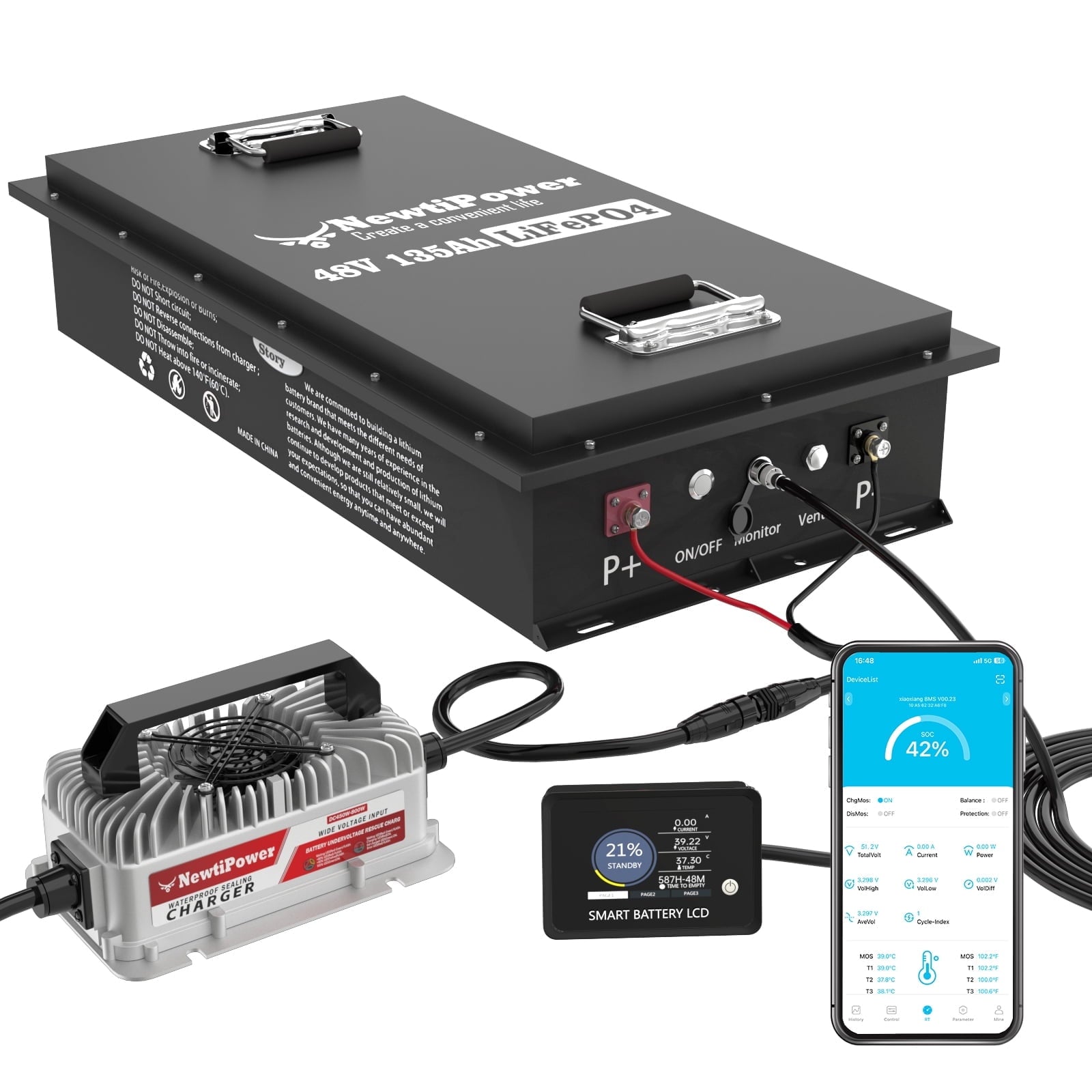 NewtiPower  36V 135Ah LiFepo4 Lithium Battery with 200A BMS&APP,  Top Post for Golf Cart