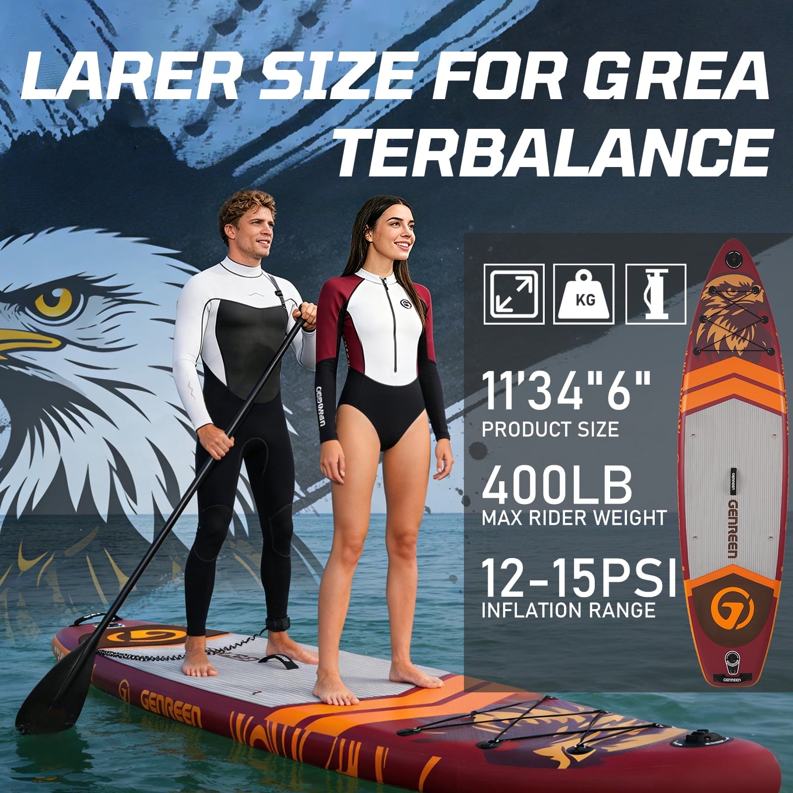 Genreen 11ft Inflatable Stand up Paddle Board (SUP), All-Around Fishing Paddle Board Full Kit for Youth & Adults