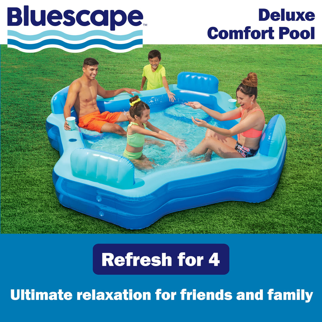 Bluescape Blue Deluxe Comfort Inflatable Family Swimming Pool, 4 Seats, Square, Age 6 & up