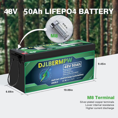 48V 50Ah LiFePO4 Lithium Battery, Built-in 50A BMS 2560Wh,15000 Deep Cycle 48V Golf Cart Lithium Battery for Off Grid, RV, Solar