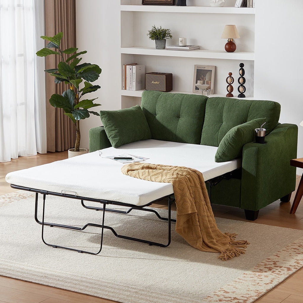 CHIC HOUSE Pull Out Sofa Bed Couch Queen Size with Mattress USB, Convertible Sleeper Sofa Loveseat for Small Spaces RV, Corduroy Pull Out Couch Bed for Living Room with Cup Holders LED Lights, Beige