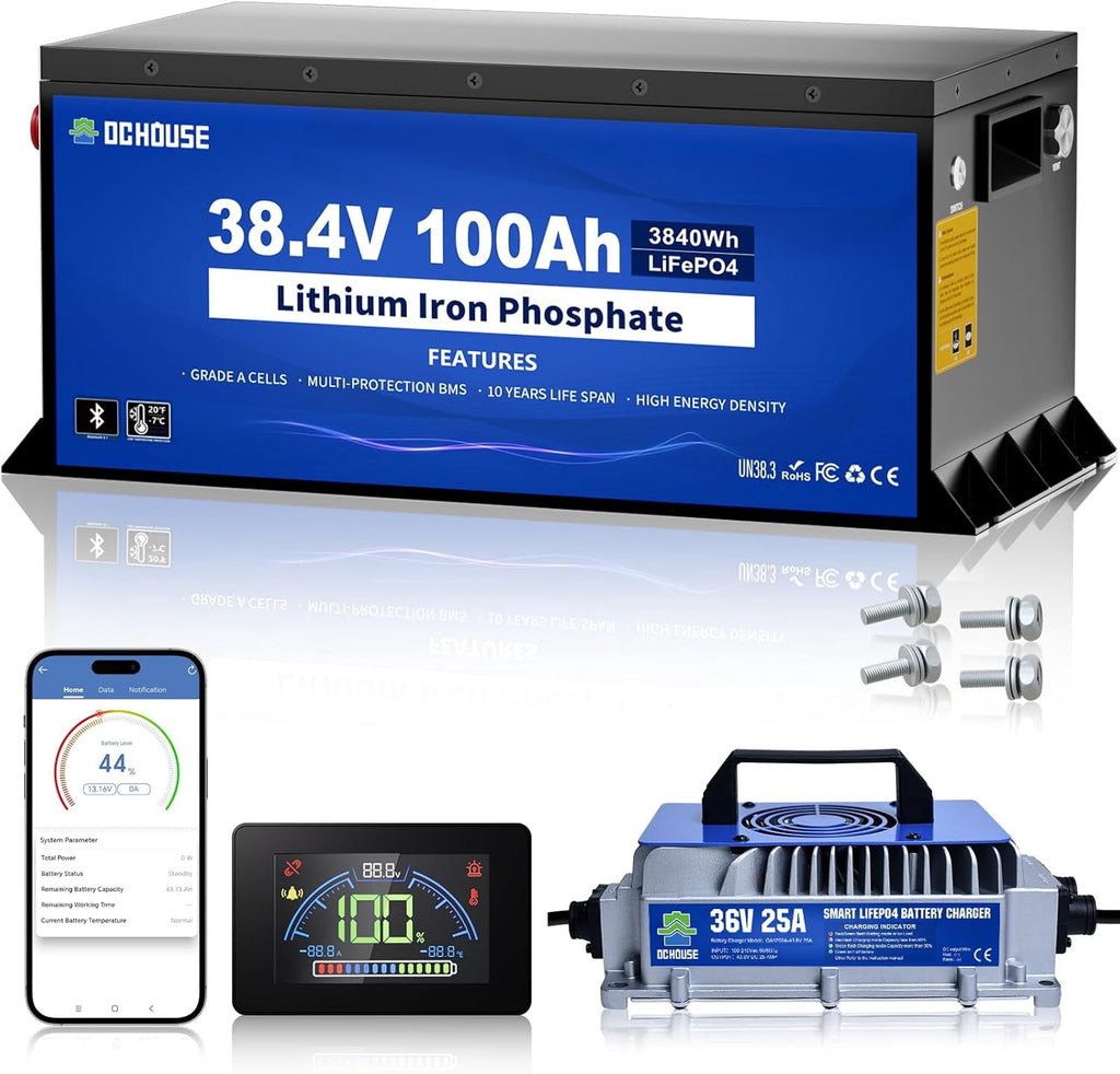 DC HOUSE Upgraded 36V 100Ah Lithium Golf Cart Battery w/Switch, Lifepo4 Battery with 36V 25A Charger, Bluetooth & LCD Monitor, 200A BMS, Peak Current 670A,for Trolling Motors,Marine