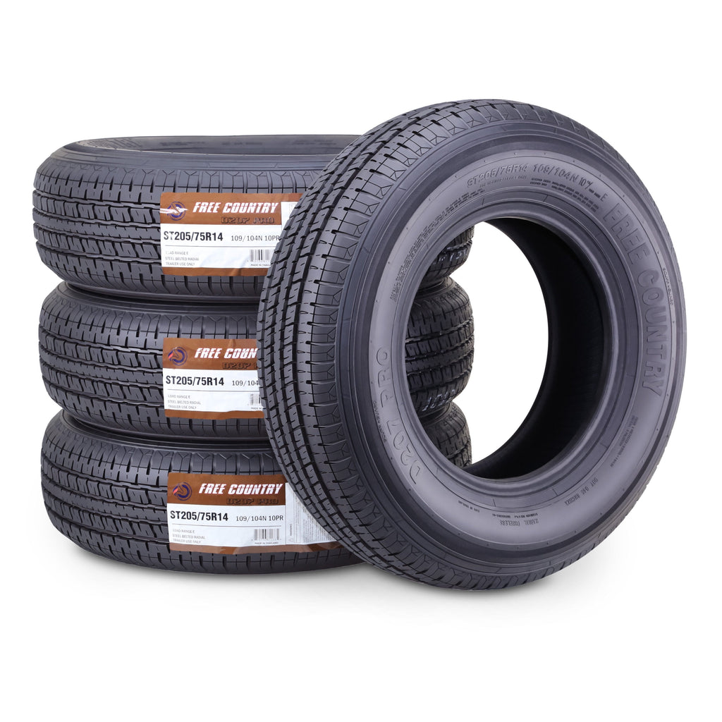 Free Country Heavy Duty Trailer Tire ST205/75R14 10-Ply Load Range E 109N Steel Belted Radial w/Scuff Guard 11192, Set4