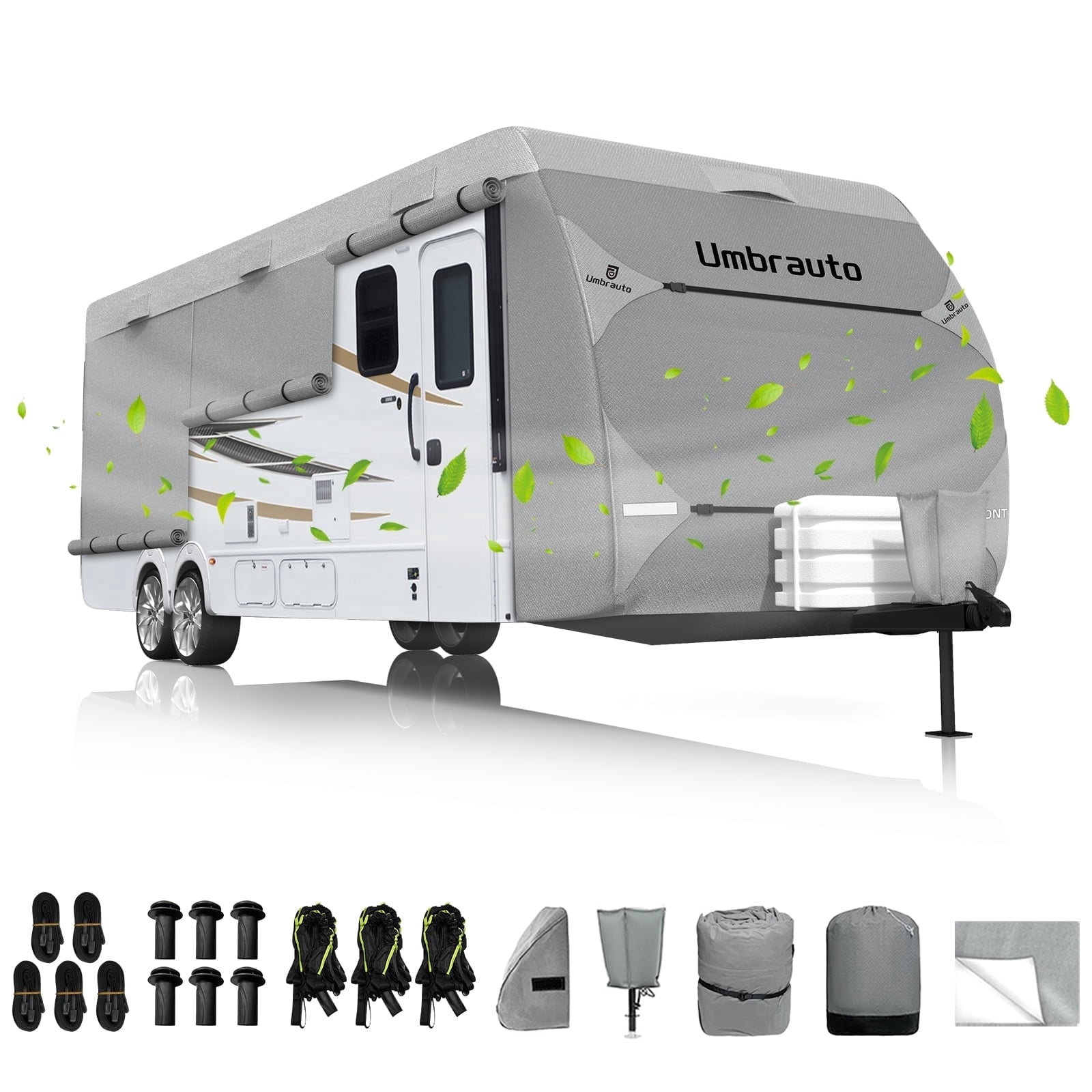 RV Cover for 35-38FT Travel Trailer, 7-Layers Top Camper Cover with Tongue Jack Cover/Windproof Straps/Gutter Covers and Other Accessories Kit
