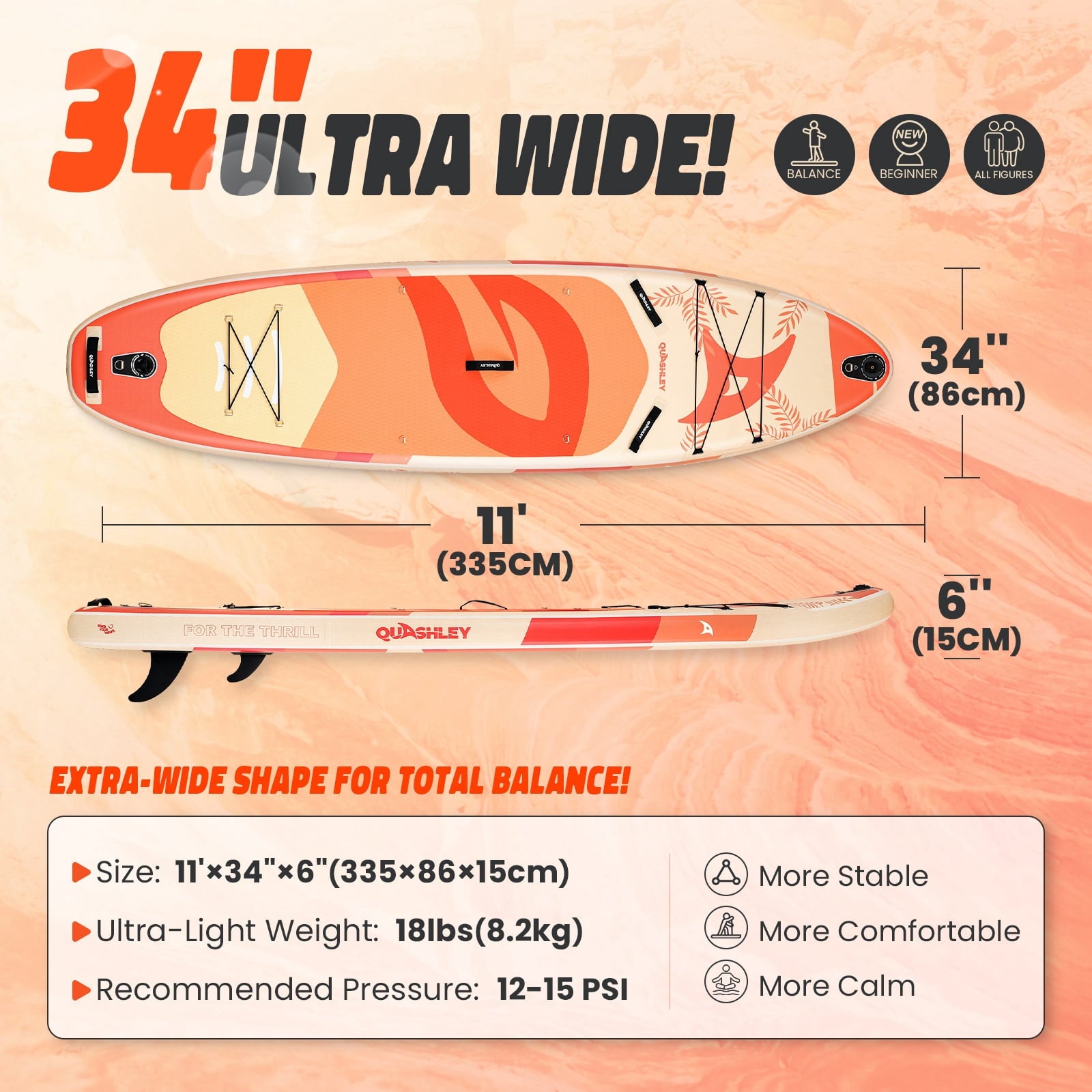 Quashley Inflatable Paddle Board 11' x 34 Wide All-Around SUP with Paddle, Pump, Backpack & Leash