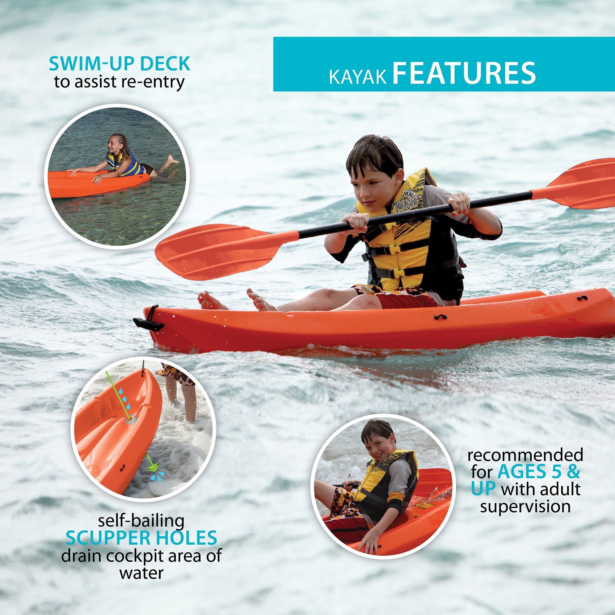 Lifetime Wave 6 ft Youth Sit-On-Top Kayak with Paddle, Fire Red (91401)