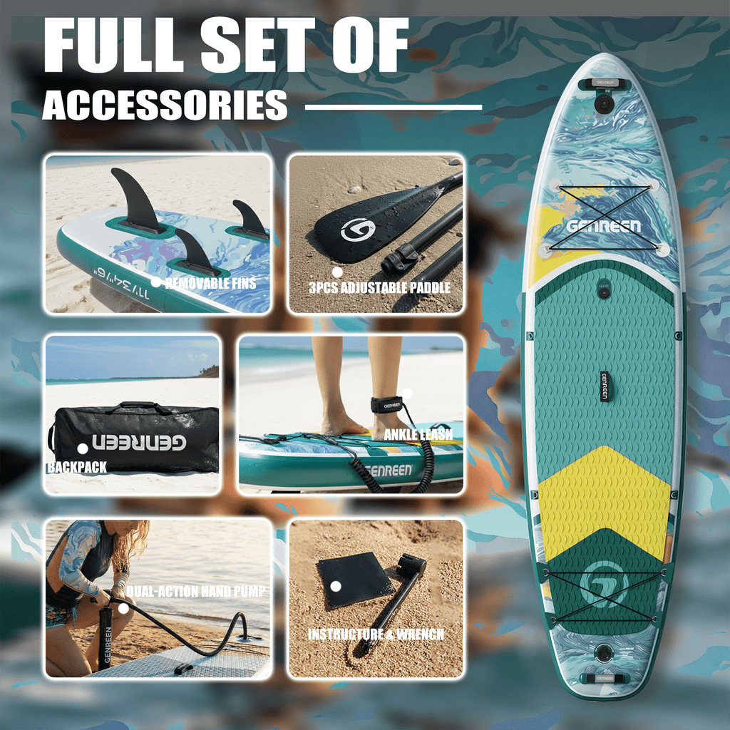 Genreen 11’ Inflatable Stand Up Paddle Board with SUP Accessories, Fishing Paddle Board for Youth & Adults of All Skill Levels
