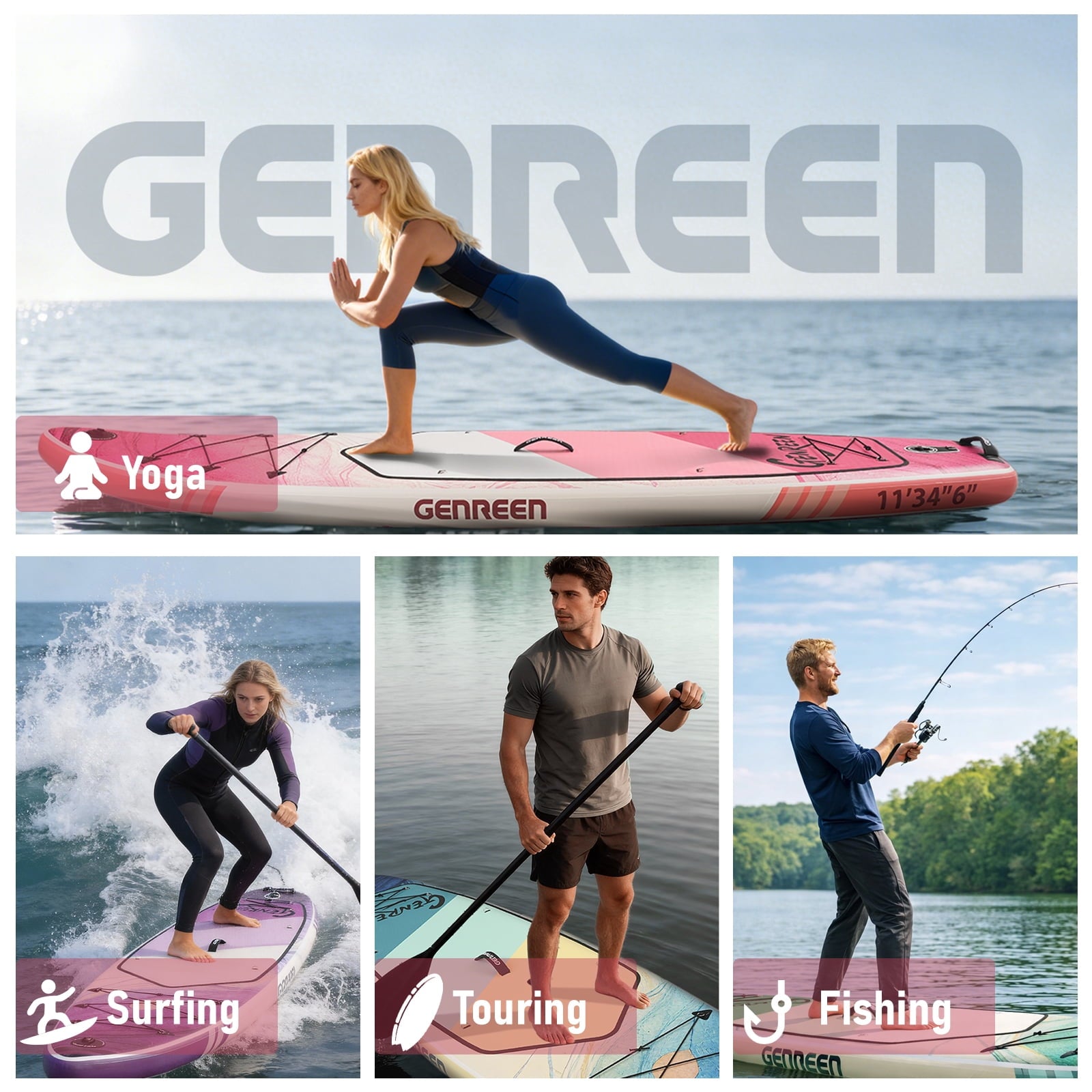 Genreen 11FT Inflatable Stand Up Paddle Board，Wide Sup with Premium Accessories, Fishing Blow Up Paddleboard for Youth & Adults