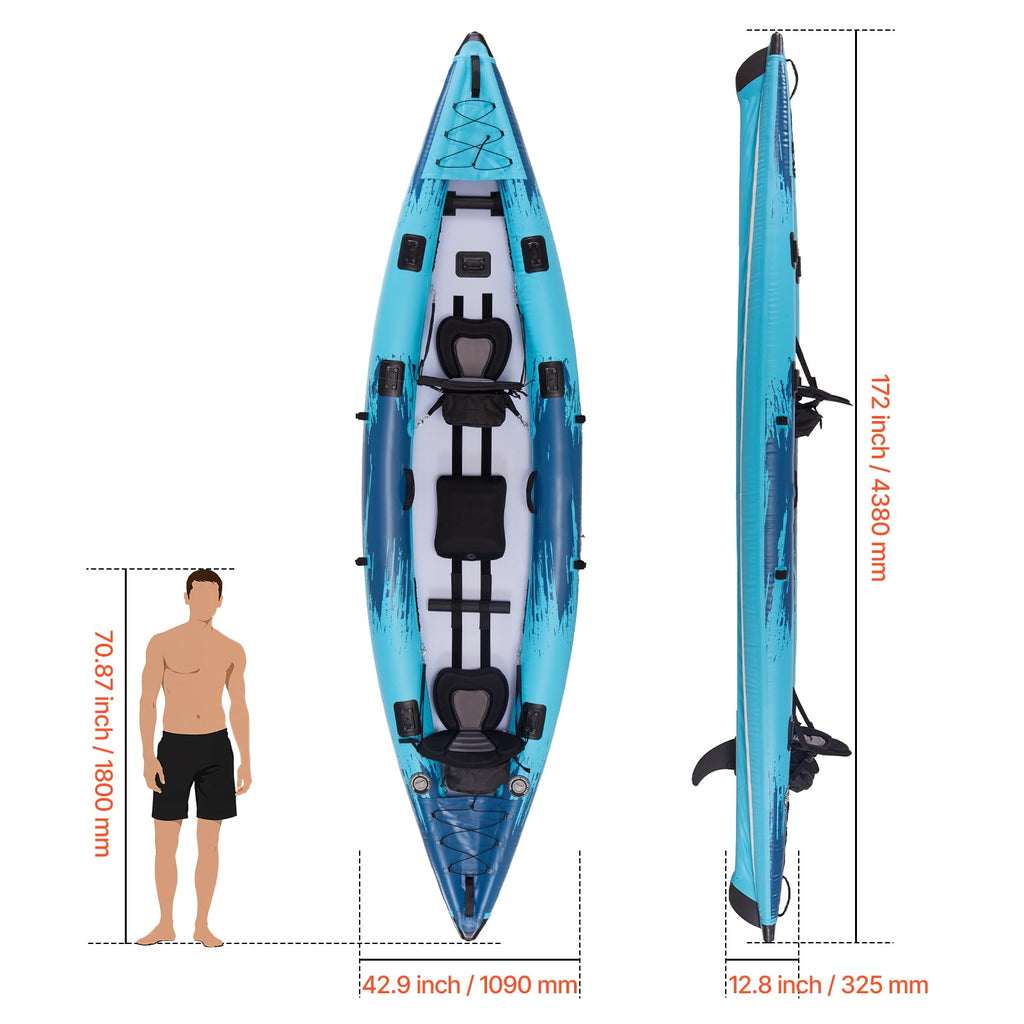 KFFKFF 2-Person Inflatable Kayak, 700LBS Capacity, Durable & Leak-Resistant Design with Padded Seats, PVC Drop-Stitch Floor, Dual Paddles, Hand Pump, and Carry Bag for Fishing and Camping