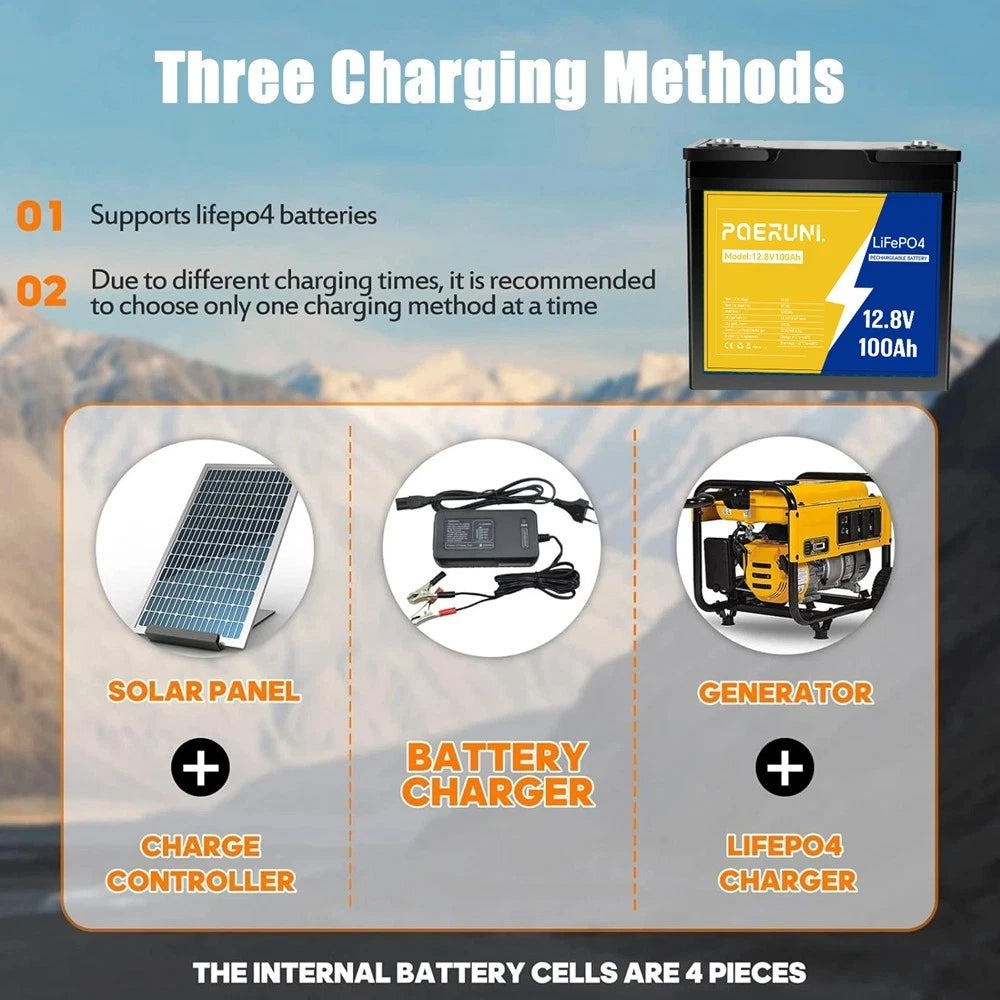 POERUNI 12V 100Ah LiFePO4 Lithium Battery Built-in BMS Cycle Deep for Solar RV Off-grid