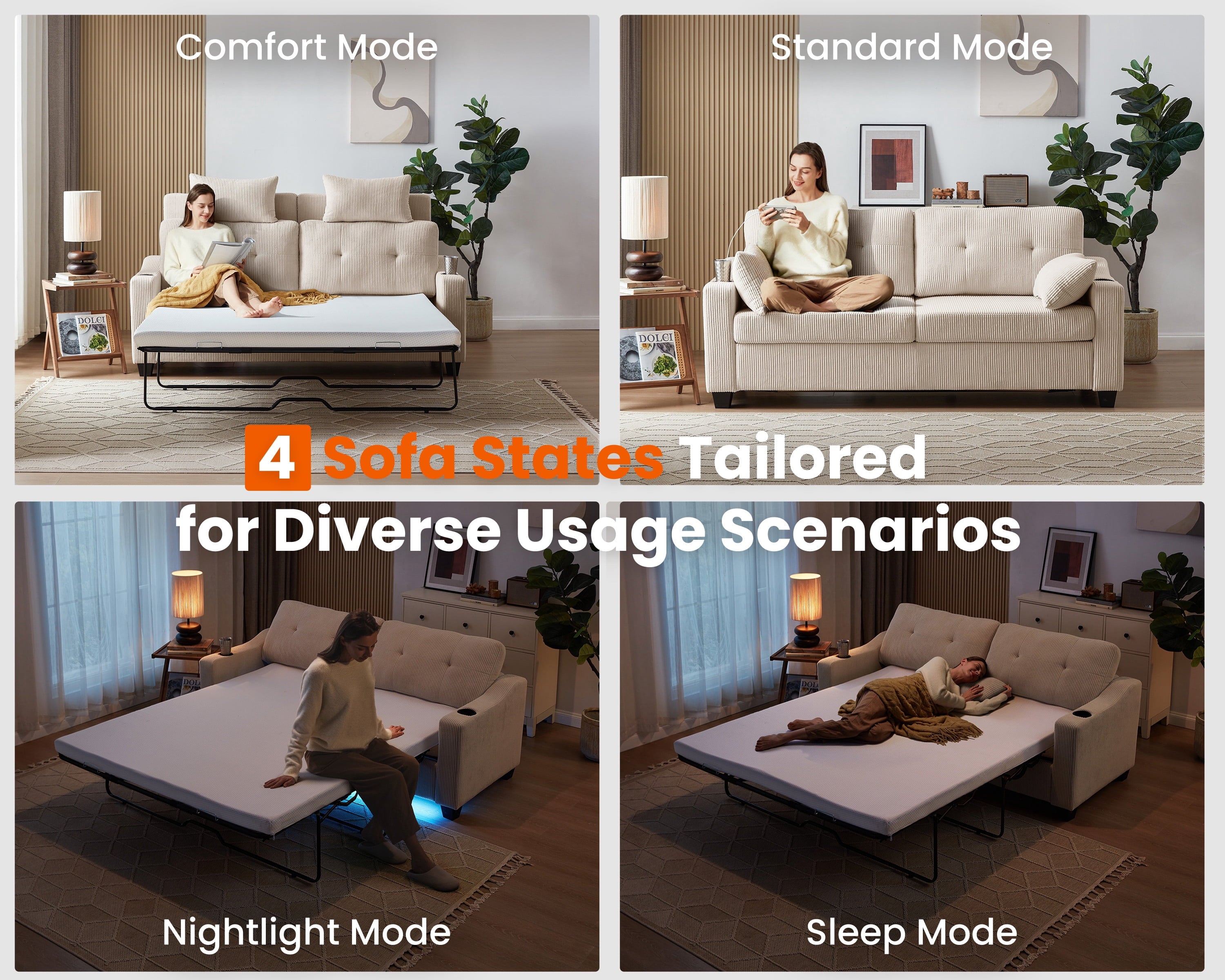 CHIC HOUSE Pull Out Sofa Bed Couch Queen Size with Mattress USB, Convertible Sleeper Sofa Loveseat for Small Spaces RV, Corduroy Pull Out Couch Bed for Living Room with Cup Holders LED Lights, Beige